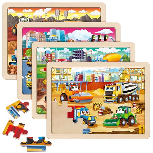 SYNARRY Puzzle Tracteur Transport en Bois Enfant 3 4 5 6 7 8 Ans, Puzzles Voiture 4×24 Pièces, Jouet Educatif Préscolaire, Jouets Cadeaux pour Enfants de 3...