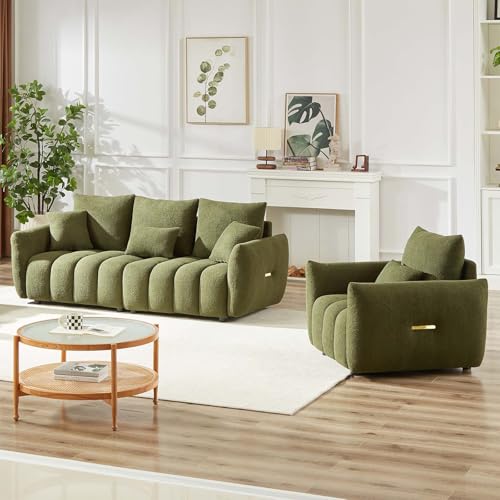 Image of Antetek 35 inch Modern Accent Single Sofa Chair, Comfy Deep Seat Teddy Fabric Living Room Chair, Leisure Boucle Reading Sofa Arm Chair for Bedroom, Office, Apartment, Green
