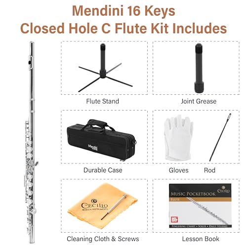 Image of Mendini by Cecilio 16 Keys Closed Hole C Flute Kit for Beginners - Silver | Beginner Flute Kit with Carrying Case, Stand, Tuning Rod, Adjustment Screws, Cork Grease, Lesson Book, Cleaning Kit, Gloves