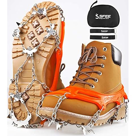 Sfee Ice Snow Grips Crampons Traction Cleats Spikes 19 Spikes for Women Men,Anti Slip Stainless Steel Chain Flexible Footwear for Walking Climbing Hiking Fishing Outdoor(L-Orange) Cover