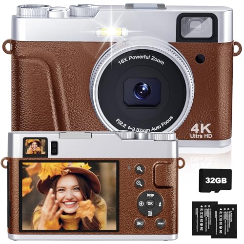 CAMKORY Camara de Fotos Digital 4K 48MP Autofoco Tarjeta 32G Visor Optico Cámara Compacta Zoom 16X Flash Fácil de Usar Estabilización Imagen Principiante 2 Baterías Marrón