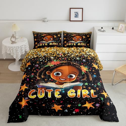 Cute Reading Girl Bedding Comforter Sets Full,Dreamy Gold Glitter Printing