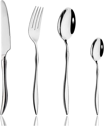 JASHII Juego de cubiertos de acero inoxidable 18/10 de alta resistencia con mango único para 4, cubiertos modernos para el hogar, aptos para
