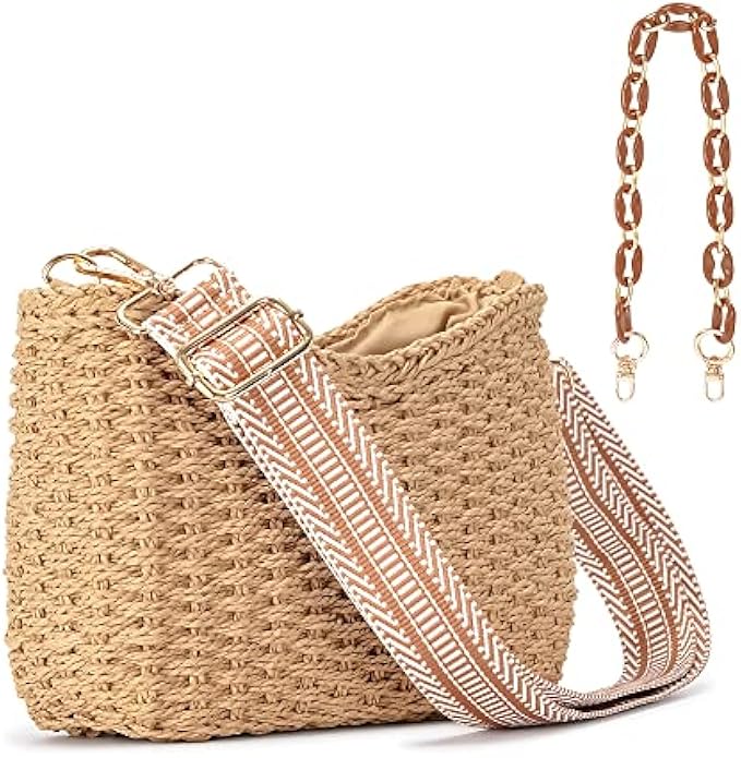 Herald Small Handmade Straw Crossbody Bag for Women, Summer Chic Woven Handbag Shoulder Purse with Chain & Guitar Strap
