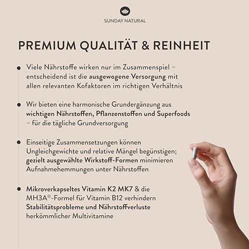 SUNDAY NATURAL® Multivitamin Komplex - All in One – Premium Rundum-Versorgung mit nur 1 Kapsel: 30 A-Z Vitamine, Mikronährstoffe – 90 vegane Vitamin Kapseln - Laborgeprüft und Ohne unnötige Zusätze