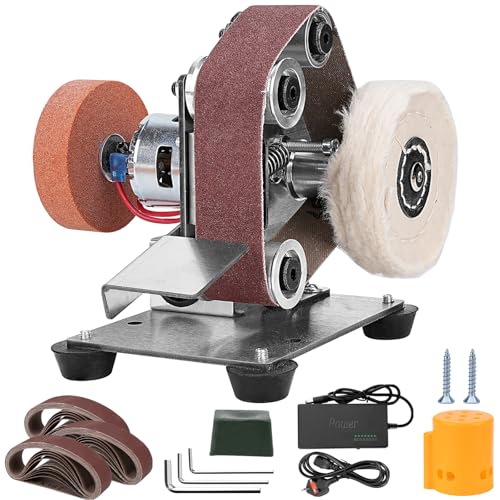 Junchamp Mini Electric Belt-Sander Knife-Sharpener Sanding Machine - Small Bench Grinder Kit 7 Speed Adjustable Power Polisher DIY Polishing Grinding Tool for Knife Making, Wood Metal Working