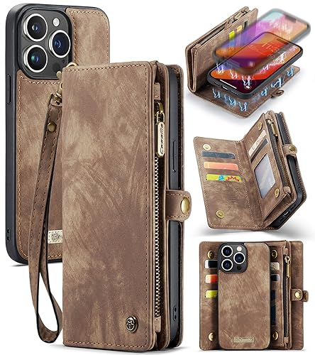 Kowauri Wallet Case for iPhone 15 Pro, Zipper Purse Folio Leather Wallet with Card Holder Wrist Strap Detachable Magnetic Shockproof Protective Back Case for iPhone 15 Pro (6.1 inch), Brown