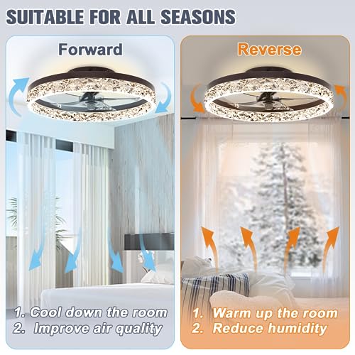 Image of VOLISUN Modern Ceiling Fans with Lights and Remote, No Assembly, 19.7in Low Profile Ceiling Fan Flush Mount, 3000K-6500K Dimmable Bladeless LED Fan Light, Brown Fandelier Ceiling Fans for Bedroom