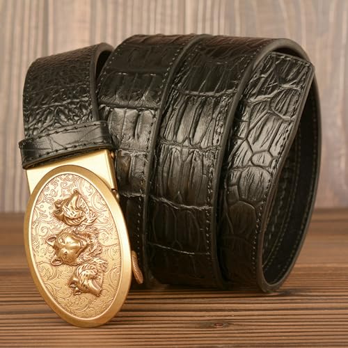 Slide Ratchet Belt With Gold Wolf Buckle - Western Cowboy Crocodile Embossed Leather Strap For Jeans4