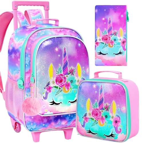 AGSDON 3PCS Rolling Backpack for Girls and Boys, Kids Roller Wheels Bookbag, Wheeled Elementary School Bag with Lunch Bag