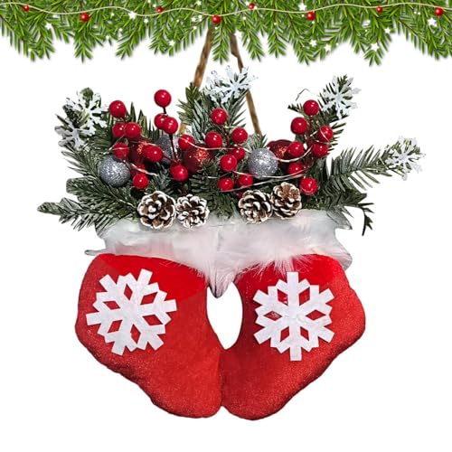 Corona Navideña De Manoplas, Corona Decorativa Manopla con Luces LED, para Puerta Entrada, con Rama Pino Artificial, Frutos Rojos Y Piña Escarchada, para Decorar Paredes Hogar, 30x40cm