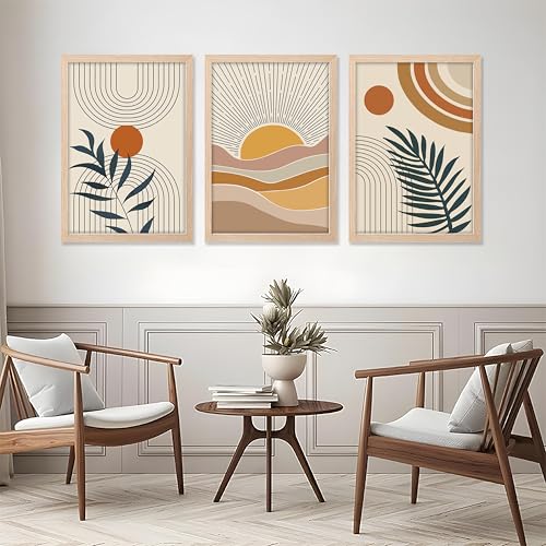 Image of NoWorries Boho art Framed Painting Set of 3 | Abstract prints mid century modern decor Frames | Sun wall art neutral wall decor minimalist line art | Botanical leaf prints scandinavian wall art Fame | Beige aesthetic Decor for living room, bedroom, office and gallery (Art-13, 10x13inch, Wooden)