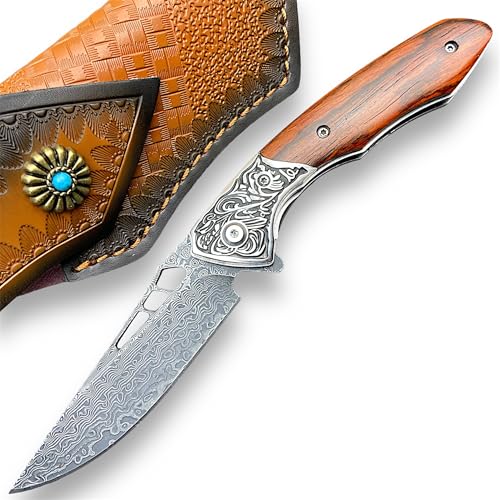 TACTICAL GEARZ Damascus EDC Pocket Folding Knife, Natural Rosewood Handle, Damascus Steel Blade (Keahi XT)