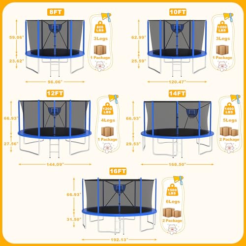 2025 Upgrade 1500LBS Outdoor Tranpoline for Kids and Adults 【Easy to Install & Built to Last】 10FT 12FT 14FT 16FT Recreational Tranpolines with Net, Basketball Hoop and Ladder, ASTM Approved