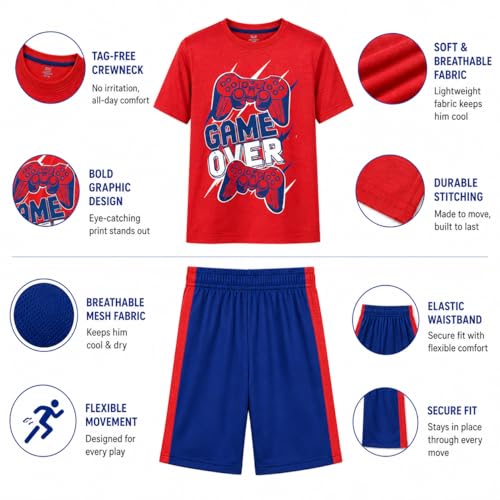 Image of Pro Athlete Boys Shorts Sets - 4 Piece Dry Fit Short Sleeve Crewneck Graphic Tee and Performance Shorts for Boys (Sizes 8-16)