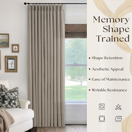 Image of 70 Inch Width Taupe Curtains 90 Inches Long Linen Pinch Pleated | 90 Inch Length, Living Room Bedroom, Semi Sheer, Back Tab, Hooks Rings, Pinch Pleat, Patio Glass Door, Burlywood Birch