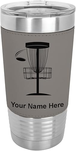 LaserGram Vaso aislado al vacío de 20 onzas disco de golf grabado personalizado incluido piel sintética gris