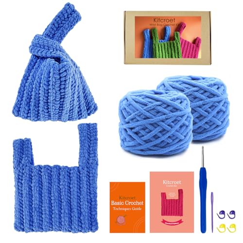 Kitcroet Kit de bolsa de crochê, bolsa de pulso, kit de crochê para iniciantes para adultos com tutoriais em vídeo passo a passo, suprimentos de crochê para iniciantes de tricô, kit completo para