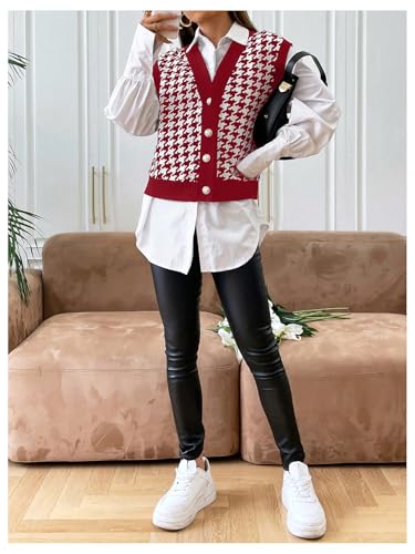 Image of Verdusa Women's Button Front V Neck Sleeveless Houndstooth Print Knitted Sweater Vest Burgundy Medium