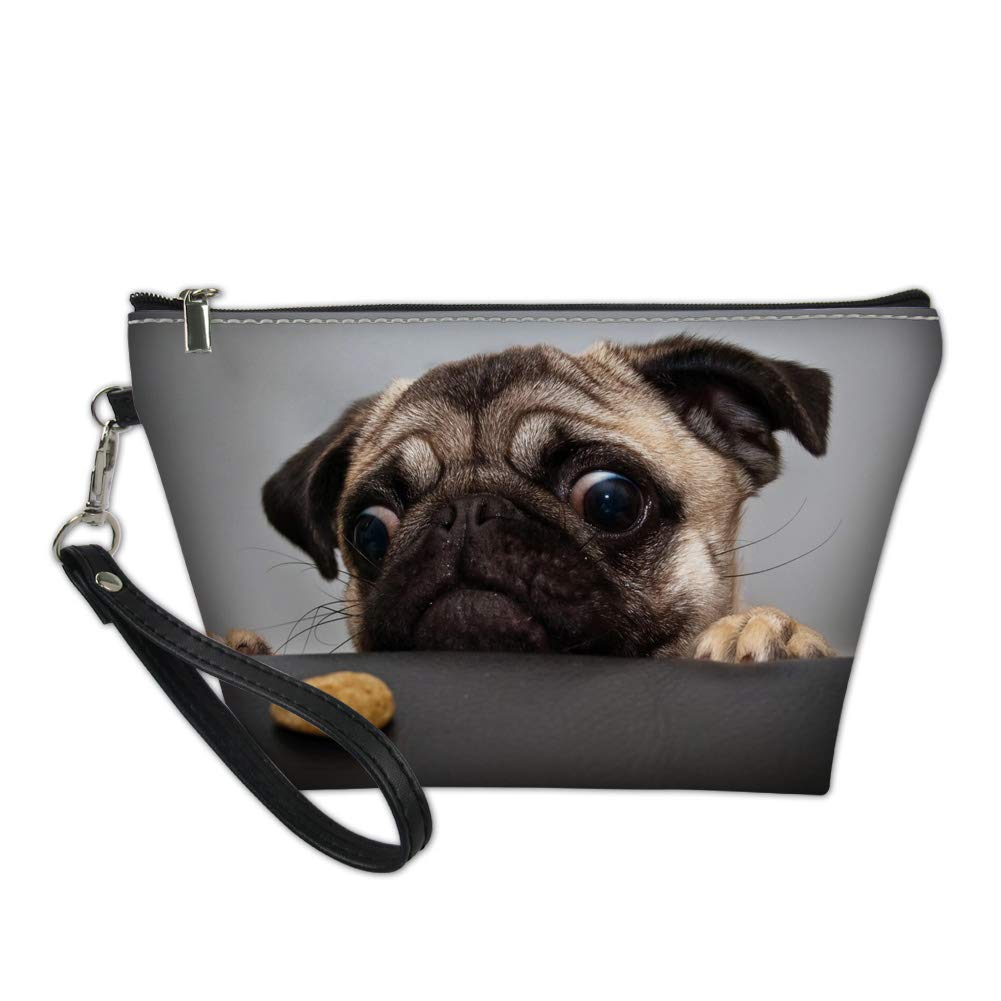 Babrukda Soft Leather Pouch Make Up Case wih Removable Strap Pug Design Handbag