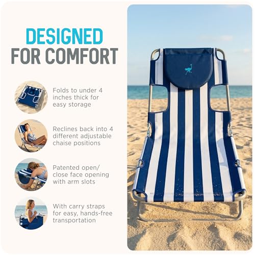 Image of Ostrich Beach Lounge Chair, Folding & Reclining Outdoor Chaise Lounger, Blue /White Striped - Portable Adjustable Recliner Chair for Lawn, Pool, Patio, Garden, and Yard