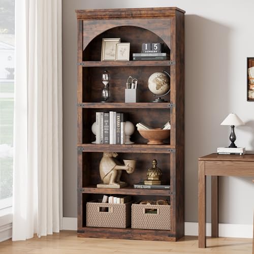 Garvee Farmhouse Arched Bookshelf, 69' Tall Bookcase w/Arche Design, Wooden Arch Book Shelf with Wooden Base, 5 Tier Bookshelves Rustic Vintage Book Shelf for Living Room Office Library (Brown)