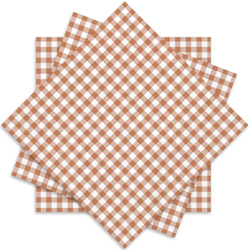 Whaline Brown Plaid Paper Napkins Locally Grown Baby Shower Disposable Dinner Napkin Fall Brown Checkered Decorative Luncheon Napkin for Autumn Thanksgiving Home Party Table Decor, 50Pcs