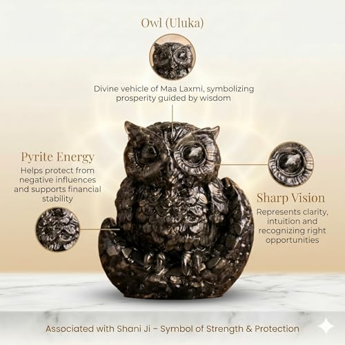 Image of Pyrite Owl with Moon Base (Maa Laxmi Ji Vahan & Shani Dev Priya) for Dhan Wealth Protection | Vastu Feng Shui Money Attraction Owl | Home Office Decor Good Luck Gift