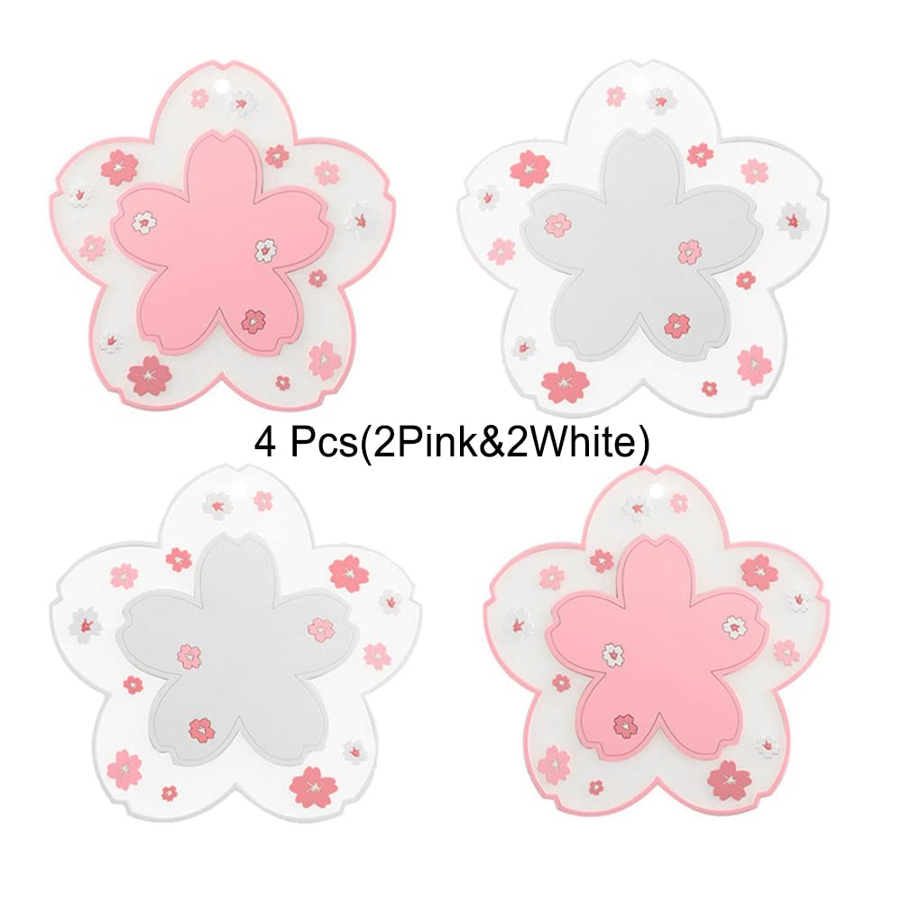 Sakura Coasters Set of 4 Kawaii Cup Mat Anti-Skid Pot Bowl Pad Placemats PVC Cherry Blossom Coaster for Drinks Coffee Table Cute Room Home Kitchen Decor Kawaii Desk Accessories(4.3in)