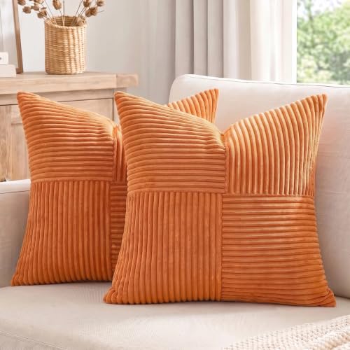 Image of Fancy Homi 2 Packs Burnt Orange Samll Fall Decorative Throw Pillow Covers 12x12 Inch with for Couch Bed Sofa, Farmhouse Boho Home Decor, Soft Corss Patchwork Corduroy Square Cushion Case 30x30 cm