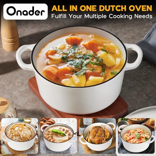 Onader 6 Quart Dutch Oven Pot with Lid, Enameled Cast Iron Round Dutch Oven for Sourdough Bread Baking - White