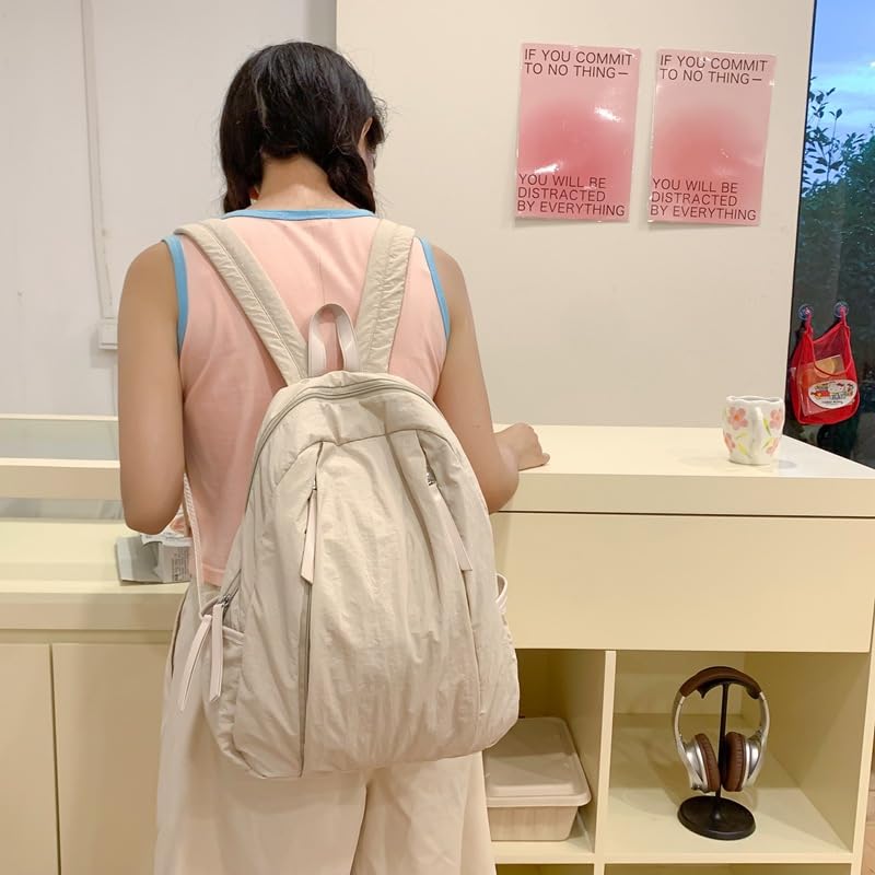 Women Backpack Nylon Lightweight Travel Daypack Waterproof Casual Shoulder Tote for Work Outdoor Commuting Daily Use (Beige)2