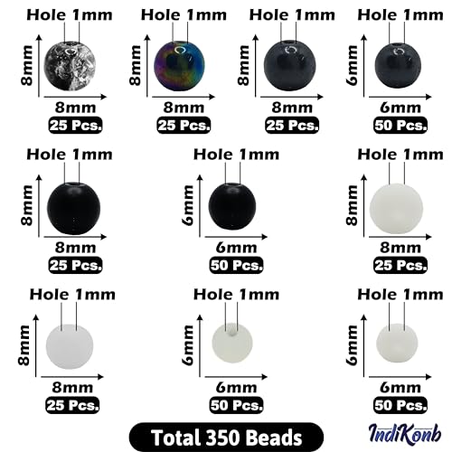 INDIKONB Glass Pearl Moti Beads - 6mm and 8mm (Black and White)