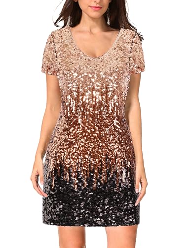 Image of MANER Women's Sequin Glitter Short Sleeve Dress Sexy V Neck Mini Party Club Bodycon Dresses