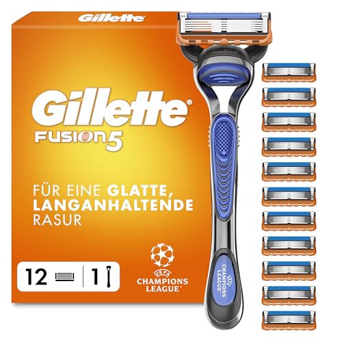 Gillette Fusion5 Rasierer Herren, UEFA Champions League Special Edition — Inkl. 1 Nassrasierer, 12 Ersatzklingen mit Gleitstreifen und 5 Klingen für Eine Gründliche, Langanhaltende Rasur — Blau