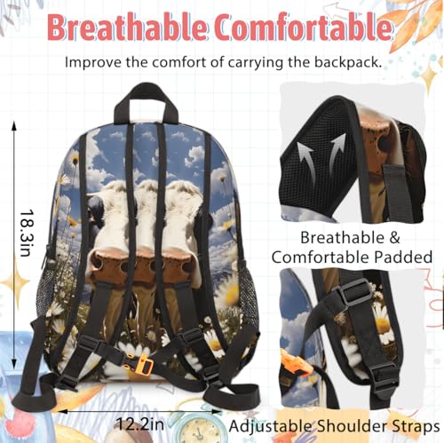 TropicalLife Cow Animals Daisy Backpack with Lunch Box Set, Back Pack and Lunch Bag Cow Animals Daisy Waterproof Casual Daypack Bag for Work Travel4