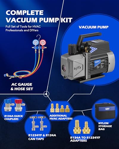 Image of Orion Motor Tech A2L AC Vacuum Pump and Gauge Set, for R1234yf R32 R134a R410A Systems with 3.5 cfm Sparkless Ignition Proof Vacuum Pump, 3 Way AC Gauges Quick Couplers Can Taps Hoses Thermometer