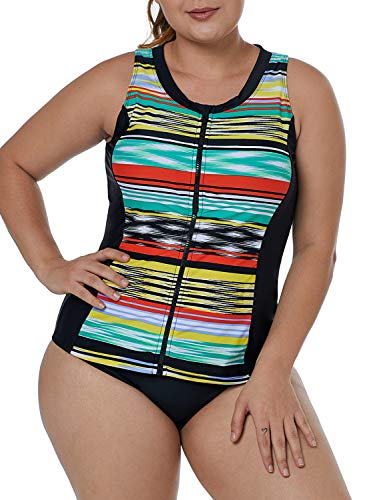 XAKALAKA Women's Zip-Front Multicolor Striped Sleeveless Plus Size Tankini Rashguard Tops S-XXXL Multicolor XL