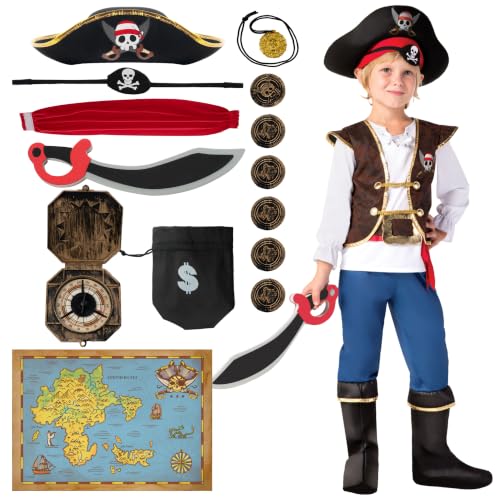Spooktacular Creations boys pirate costume with hat bandanna vest ruffled shirt pants boot covers belt and foam sword
