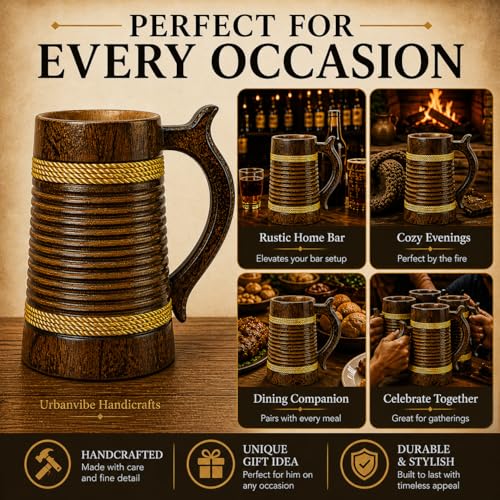 Image of Handmade Wooden Beer Mug, Wood with Sheesham Finish, Barrel Style, Lightweight & Durable, for Craft Beer, Home Bar, Cafe, Party, Gift(350ml) (Rings)