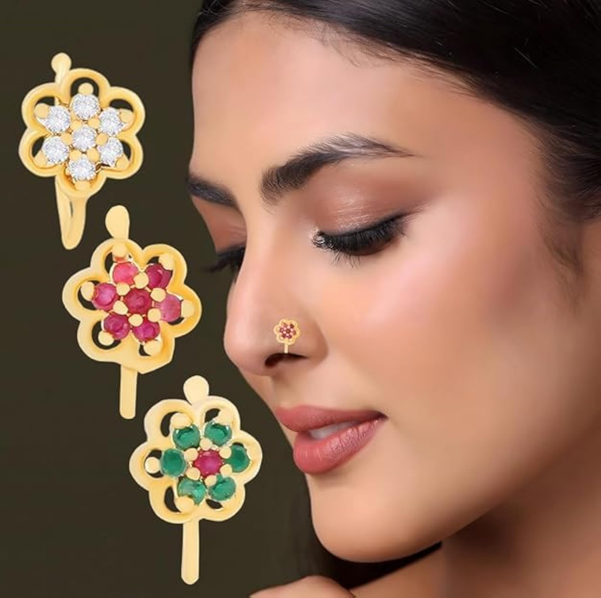 3pcs Artificial Non-Piercing Nose Ring Press-On Combo Set