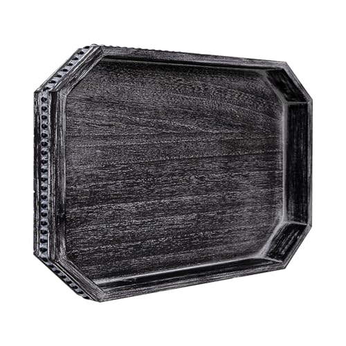 CedarLux Decorative Coffee Table Serving Tray, Long Octagonal Black Wood Tray with Wooden Bead, Farmhouse Big for Ottoman Table, Countertop, Home Decor, 16.5