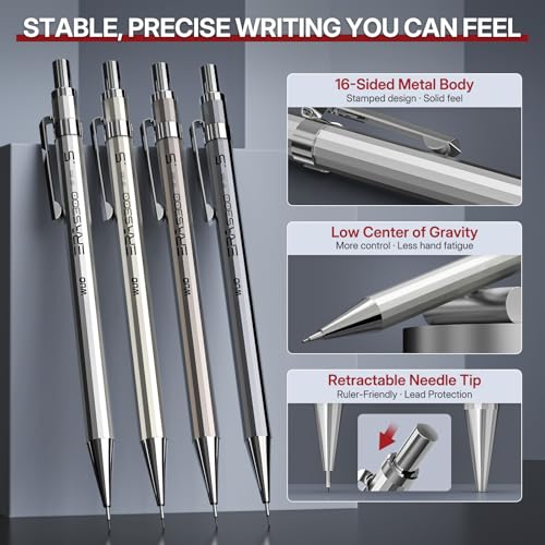 Image of WUO 0.5mm Metal Mechanical Pencil Set, 4-Pack with Eraser Pen and Case