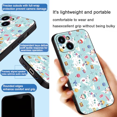 Cute Cartoon World Map Phone Case for iPhone 15 - Soft & Shockproof Travel Style for Girls & Women(B1-Cartoon Cute Girly)
