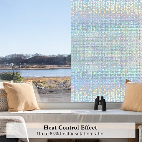 Privacy Window Film Stained Glass Non-Adhesive Rainbow Window Film Home Decorative Vinyl Static Cling Window Stickers Window Covering for Glass Door Bedroom Office 35.4 Inch x 13.1 Feet