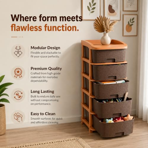 Image of Jefa Plastic Modular Drawer Storage Organizer | Multipurpose Storage Chest with Anti-Slip Design | Large Capacity Drawer Rack for Clothes, Shoes, Office & Home Use (Brown, 2)