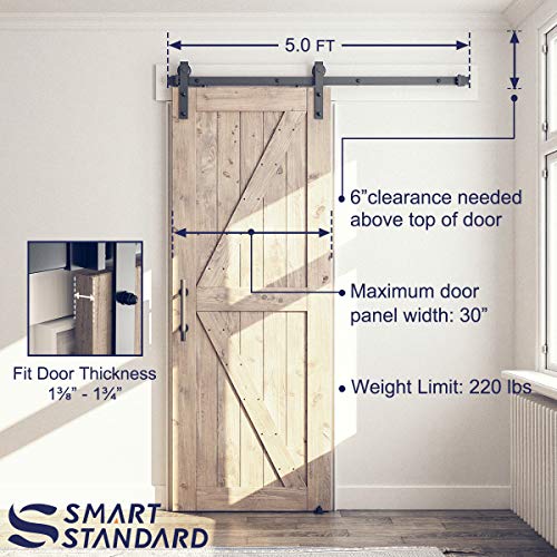 Image of SMARTSTANDARD 5FT Sliding Barn Door Hardware Whole Kit (Include 5ft Single Track Kit & Pull Handle Set & Floor Guide), Super Smoothly and Quietly, Easy to Install, Fit 30 inch Wide Door Panel (J Shape)