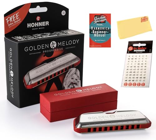 Hohner 542 Golden Melody Harmonica Bundle with Carrying Case, Key Stickers, Harmonica Beginner Manual, and Austin Bazaar Polishi