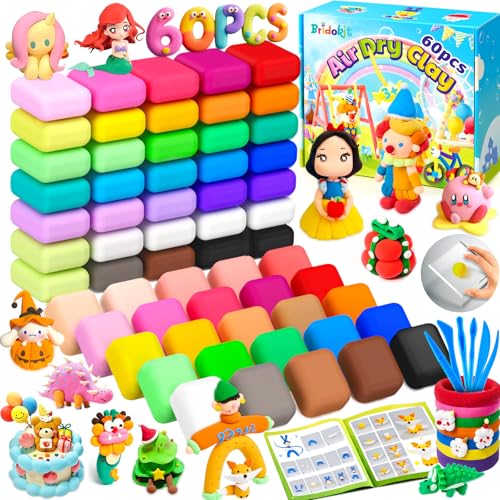 Bridokit Modelliermasse Lufttrocknend 60 Packungen Lufttrocknender Knete für Kinder mit Extra Weißer Magische Knete Knetpresse Modellierwerkzeugen Anleitungsheft DIY Kreativ-Set Knete für Kinder