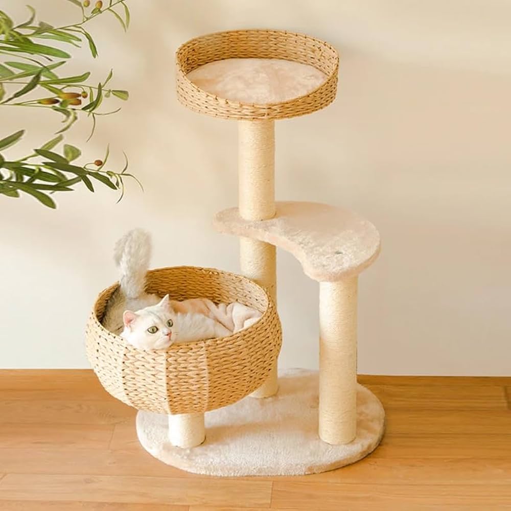 Happy & Polly 35.4" Modern Cat Tree for Indoor Cats, Stable Cat Tower with 2 Handwoven Paper Rope Basket Beds and Cushion, Natural Sisal Scratching Post, Multi-Level Cute Condo Easy to Assemble